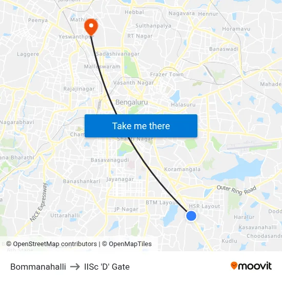 Bommanahalli to IISc 'D' Gate map