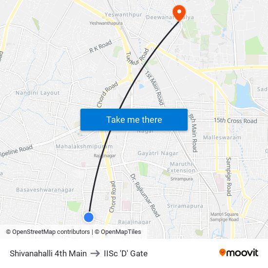 Shivanahalli 4th Main to IISc 'D' Gate map