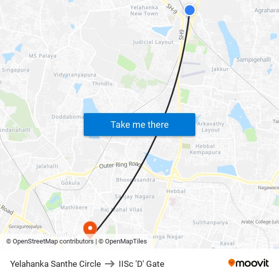 Yelahanka Santhe Circle to IISc 'D' Gate map