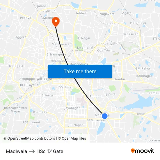 Madiwala to IISc 'D' Gate map