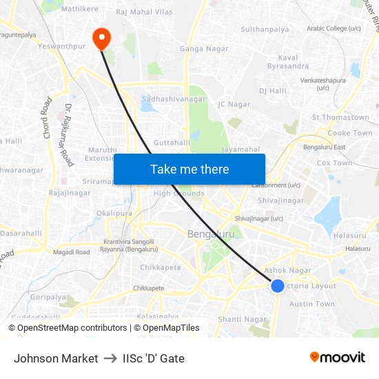 Johnson Market to IISc 'D' Gate map