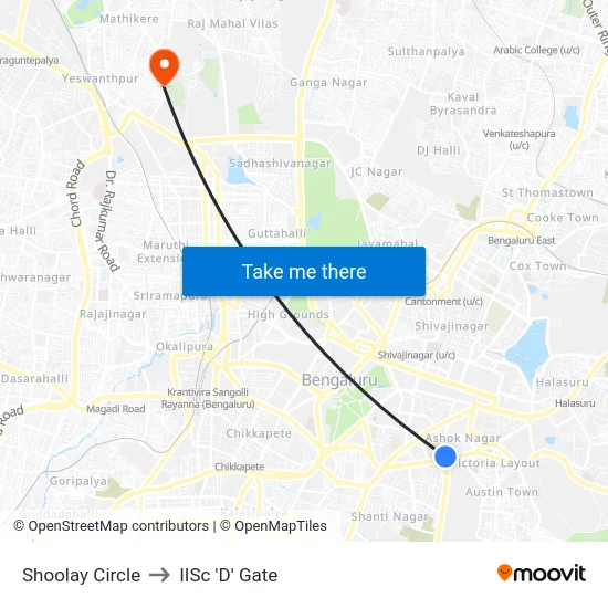 Shoolay Circle to IISc 'D' Gate map