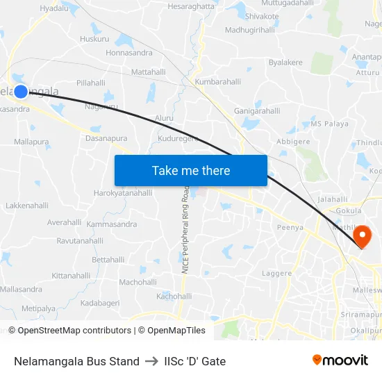 Nelamangala Bus Stand to IISc 'D' Gate map