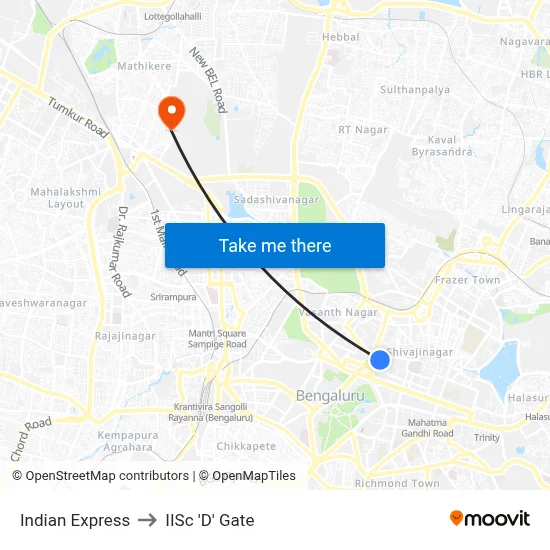 Indian Express to IISc 'D' Gate map