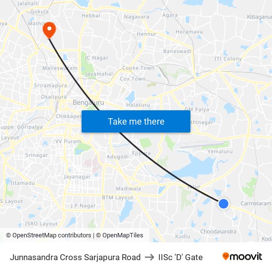 Junnasandra Cross Sarjapura Road to IISc 'D' Gate map