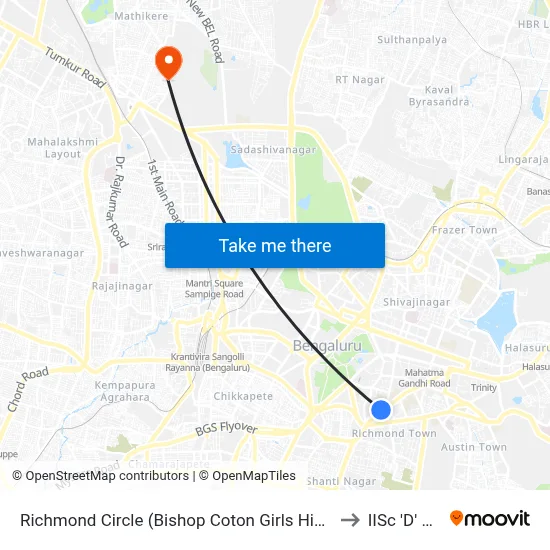 Richmond Circle (Bishop Coton Girls High School) to IISc 'D' Gate map