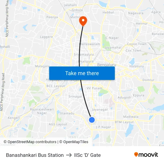 Banashankari Bus Station to IISc 'D' Gate map