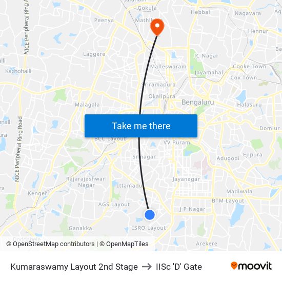 Kumaraswamy Layout 2nd Stage to IISc 'D' Gate map