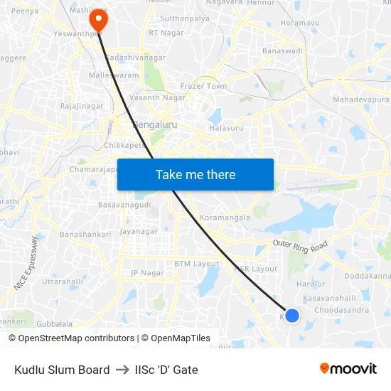 Kudlu Slum Board to IISc 'D' Gate map