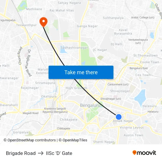 Brigade Road to IISc 'D' Gate map