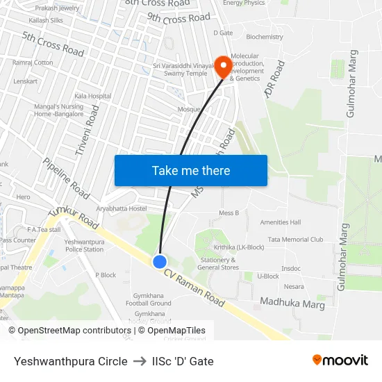 Yeshwanthpura Circle to IISc 'D' Gate map