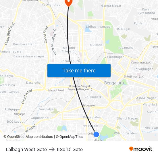 Lalbagh West Gate to IISc 'D' Gate map