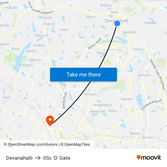 Devanahalli to IISc 'D' Gate map