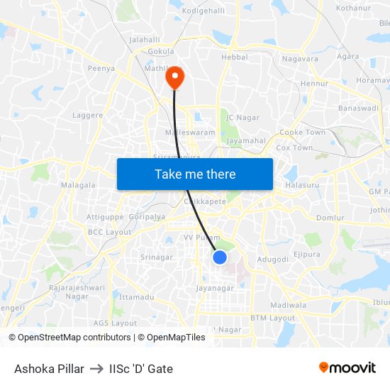 Ashoka Pillar to IISc 'D' Gate map