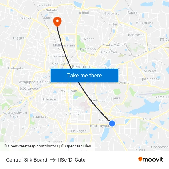 Central Silk Board to IISc 'D' Gate map