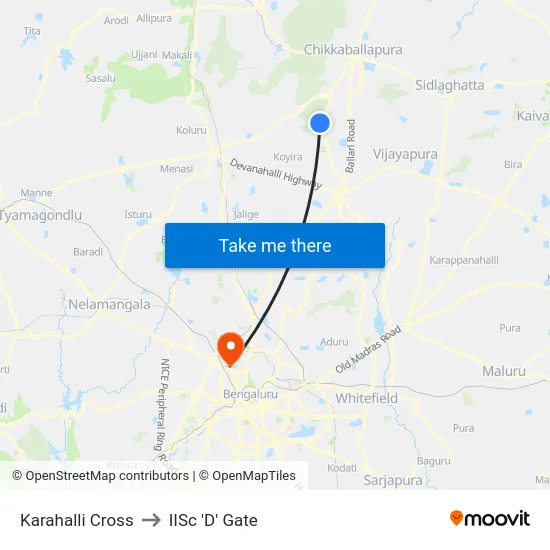 Karahalli Cross to IISc 'D' Gate map