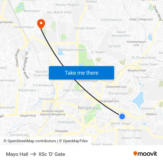 Mayo Hall to IISc 'D' Gate map