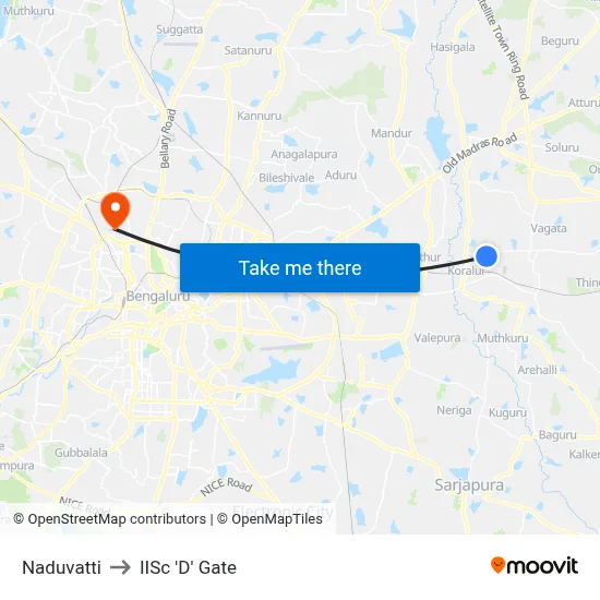 Naduvatti to IISc 'D' Gate map