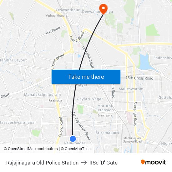 Rajajinagara Old Police Station to IISc 'D' Gate map