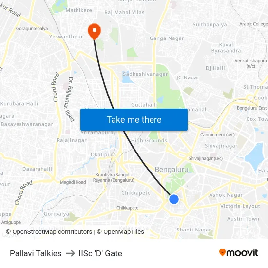 Pallavi Talkies to IISc 'D' Gate map