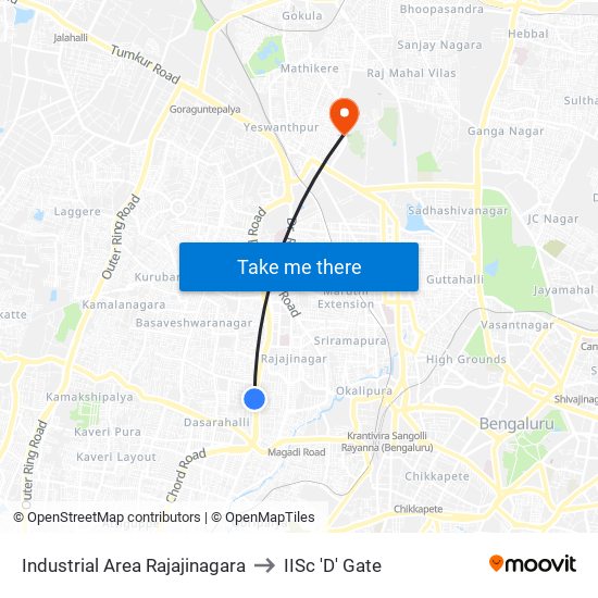 Industrial Area Rajajinagara to IISc 'D' Gate map