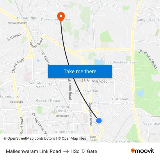Malleshwaram Link Road to IISc 'D' Gate map