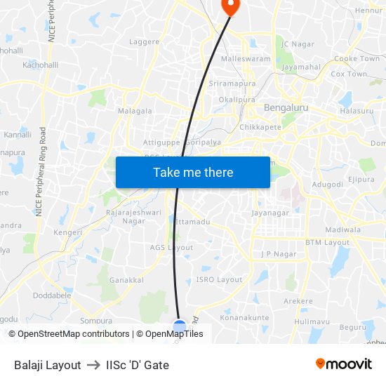 Balaji Layout to IISc 'D' Gate map