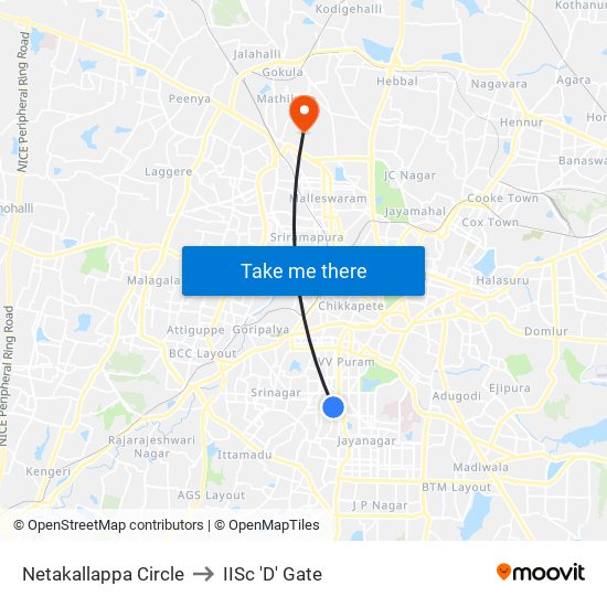 Netakallappa Circle to IISc 'D' Gate map