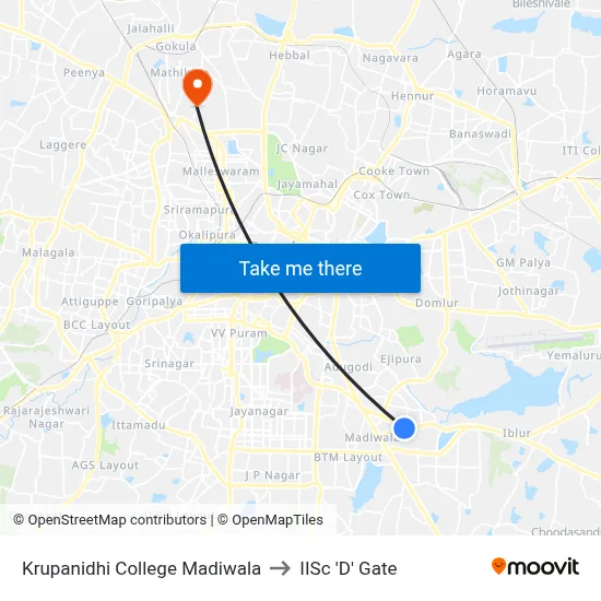 Krupanidhi College Madiwala to IISc 'D' Gate map