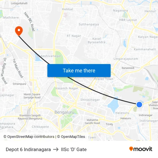 Depot 6 Indiranagara to IISc 'D' Gate map