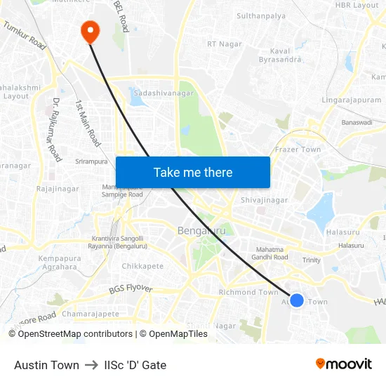 Austin Town to IISc 'D' Gate map