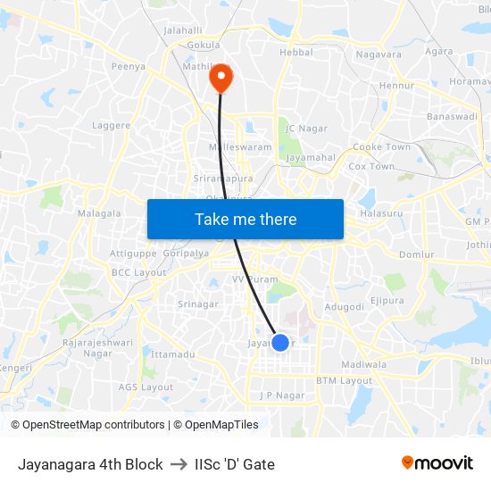 Jayanagara 4th Block to IISc 'D' Gate map