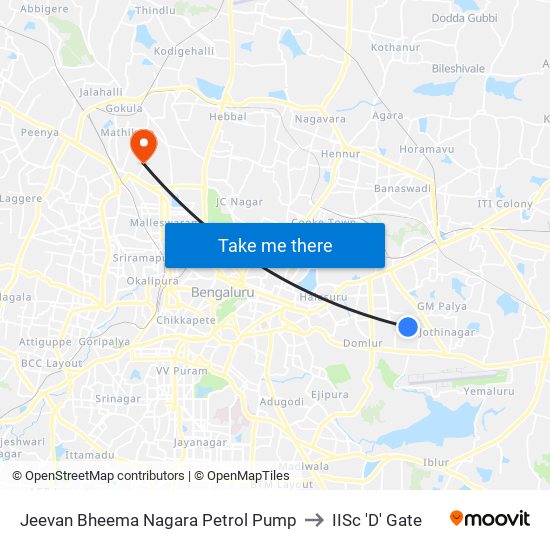 Jeevan Bheema Nagara Petrol Pump to IISc 'D' Gate map