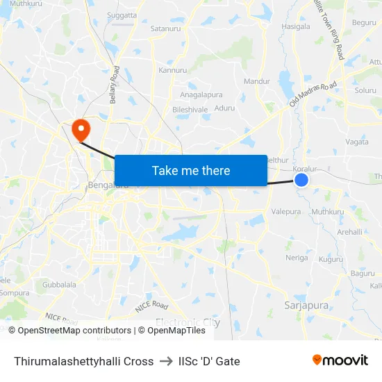 Thirumalashettyhalli Cross to IISc 'D' Gate map
