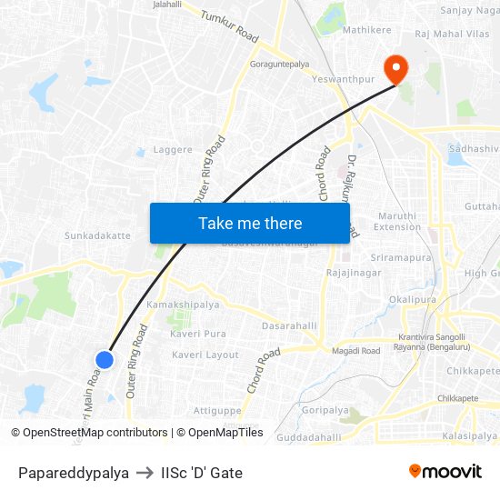 Papareddypalya to IISc 'D' Gate map