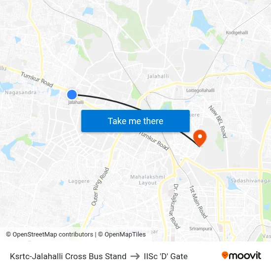 Ksrtc-Jalahalli Cross Bus Stand to IISc 'D' Gate map