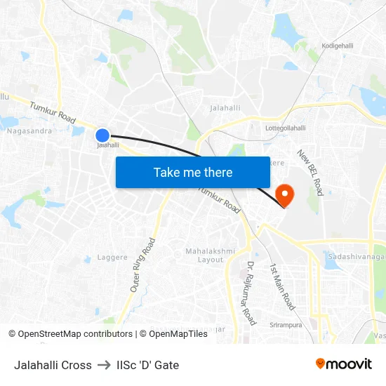 Jalahalli Cross to IISc 'D' Gate map