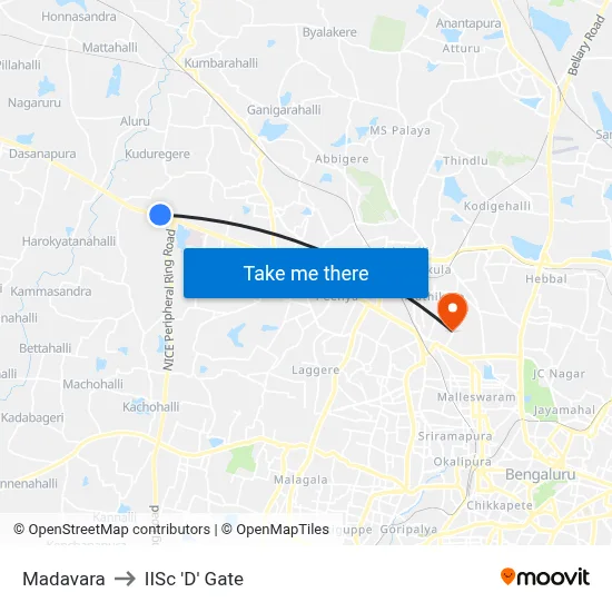 Madavara to IISc 'D' Gate map