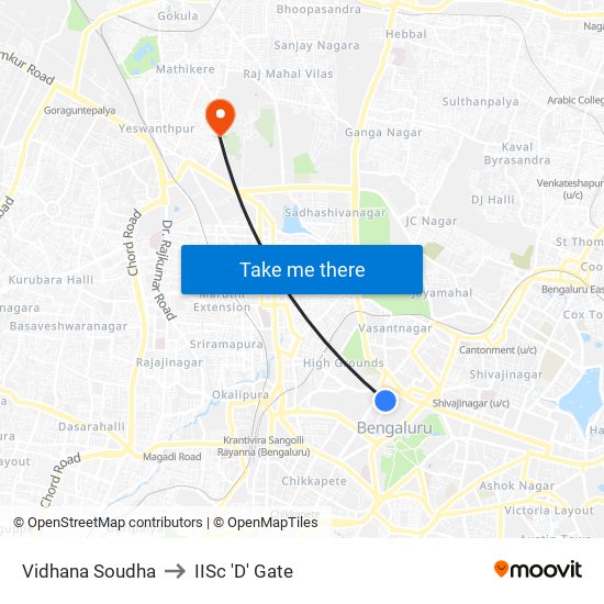 Vidhana Soudha to IISc 'D' Gate map