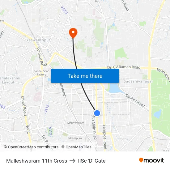 Malleshwaram 11th Cross to IISc 'D' Gate map
