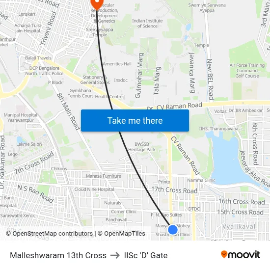 Malleshwaram 13th Cross to IISc 'D' Gate map