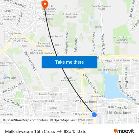 Malleshwaram 15th Cross to IISc 'D' Gate map