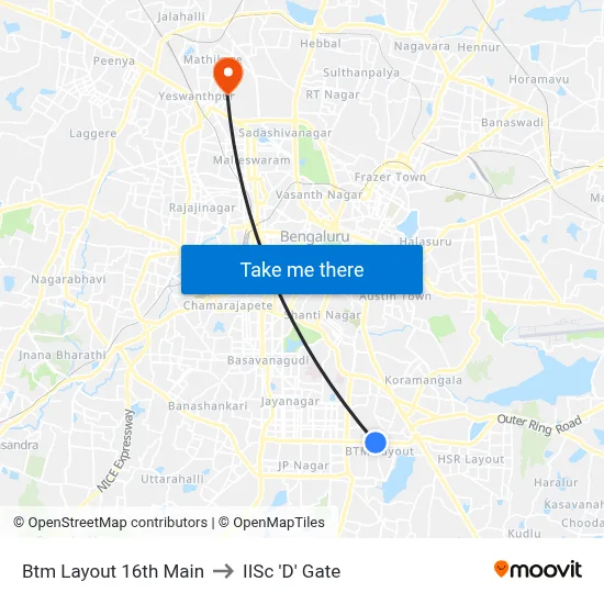 Btm Layout 16th Main to IISc 'D' Gate map