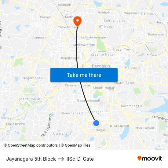 Jayanagara 5th Block to IISc 'D' Gate map