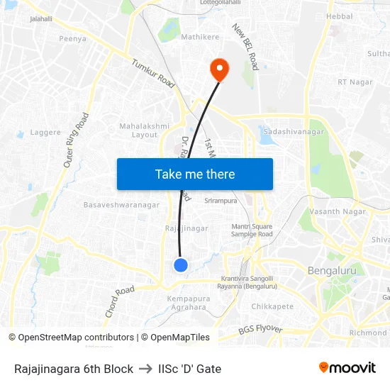 Rajajinagara 6th Block to IISc 'D' Gate map