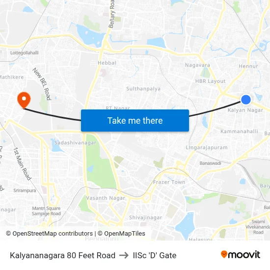 Kalyananagara 80 Feet Road to IISc 'D' Gate map