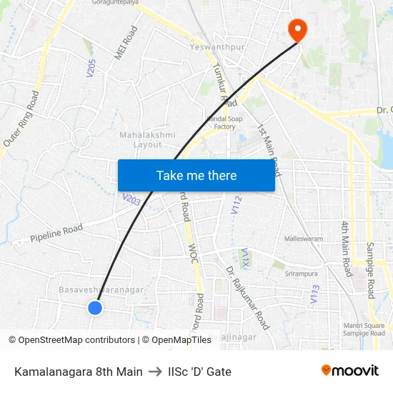 Kamalanagara 8th Main to IISc 'D' Gate map