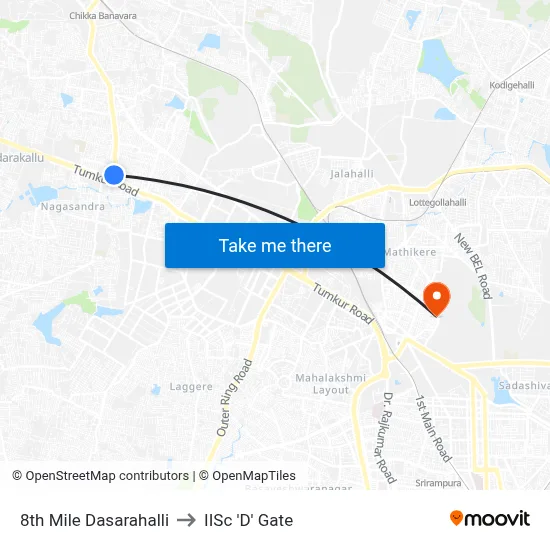 8th Mile Dasarahalli to IISc 'D' Gate map