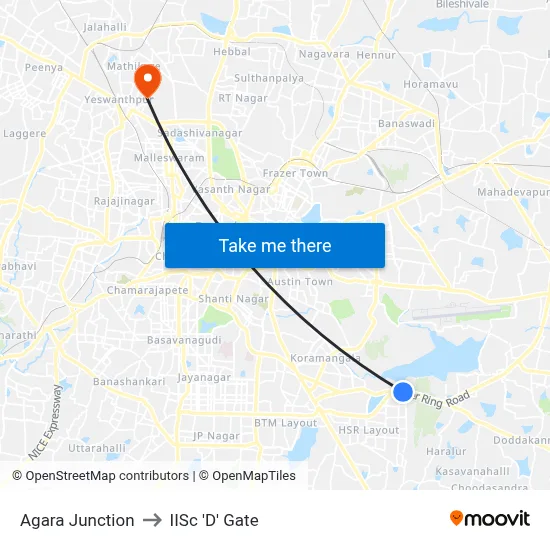 Agara Junction to IISc 'D' Gate map