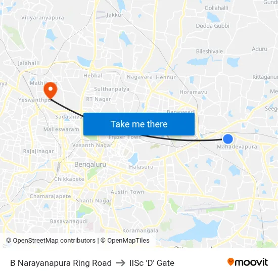 B Narayanapura Ring Road to IISc 'D' Gate map